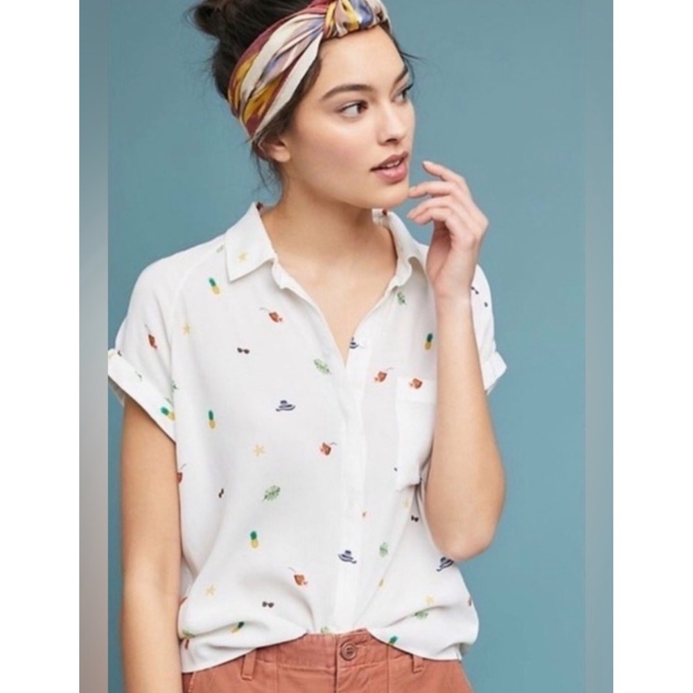 RAILS Anthro Chase Beach Day Shirt White Tropical Button Down XS Summer Fruit